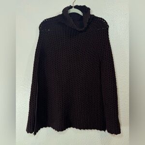 by Anthropologie High Neck Pullover Sleeveless Open Knit Burgundy Sweater Poncho